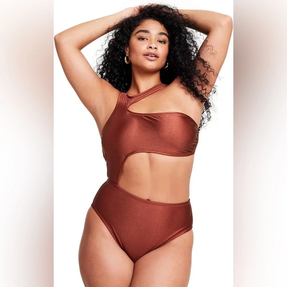 Target Noel Asymetrical Bronze Orange Cut Out One-Piece Swimsuit XS - Picture 2 of 15